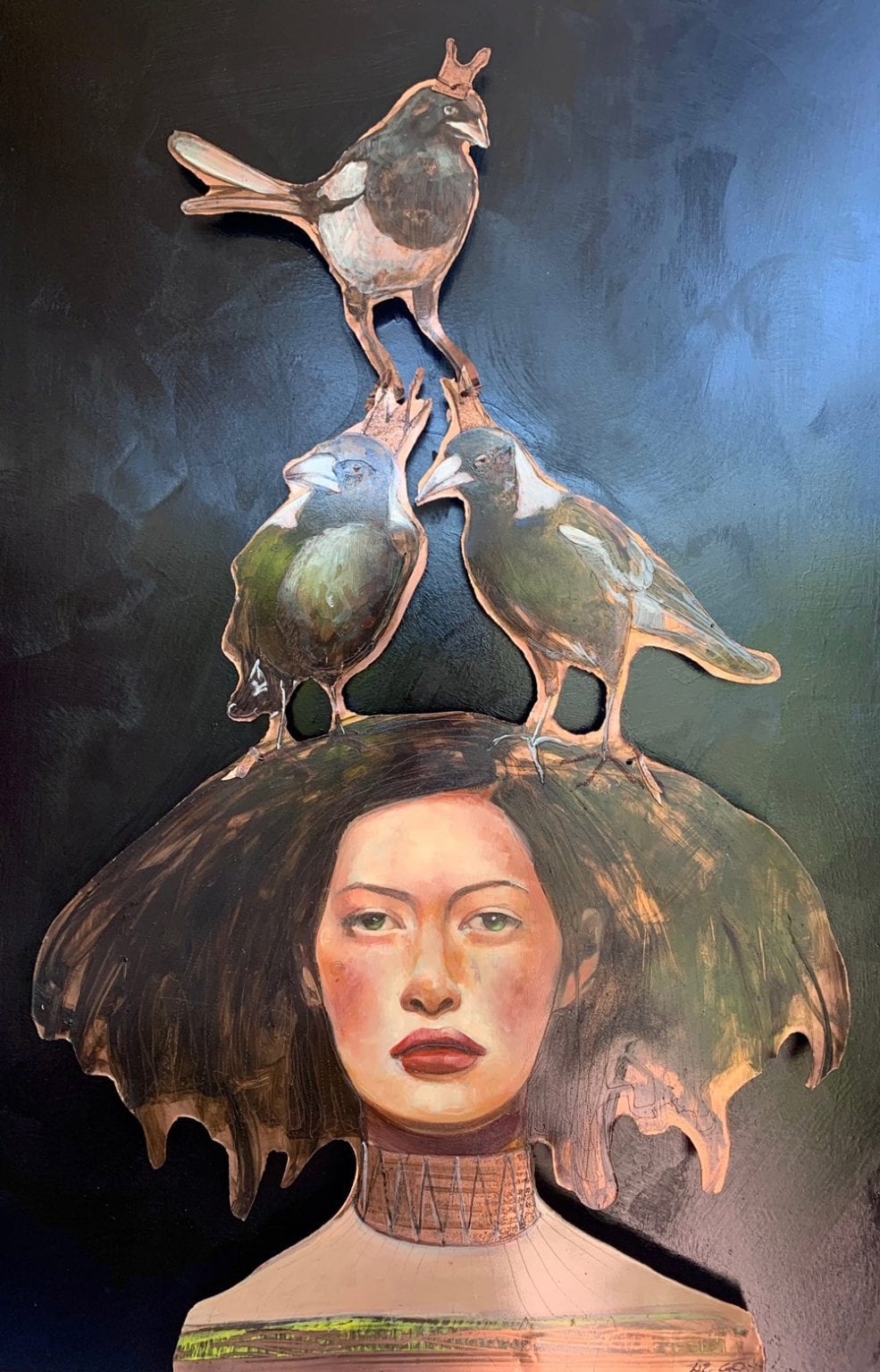 Copper Art- Liz Gray's Magpie Maiden oil on copper work showing a woman with magpie birds on her head